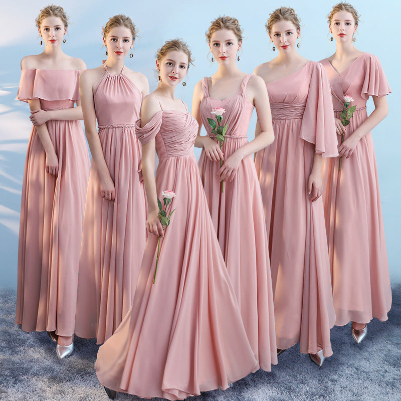 Bridesmaid dress wedding dress annual meeting banquet evening dress pink chiffon one-shoulder bridesmaid dress toast dress host dress wedding dress