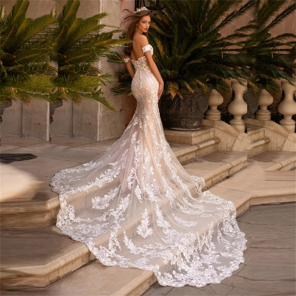 Modern Slim Mermaid Lace Open Back Wedding Gowns for Bride Sweetheart Off Shoulder Sleeve Bride Wedding Dresses Court Train 2022