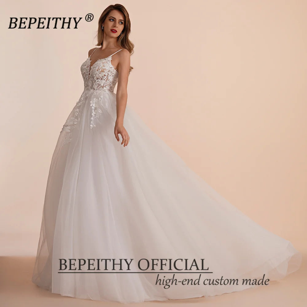 BEPEITHY Boho Ivory A Line Lace Wedding Dresses For Bride Women 2023 Sleeveless Floor Length Sexy Garden White Bridal Gown New