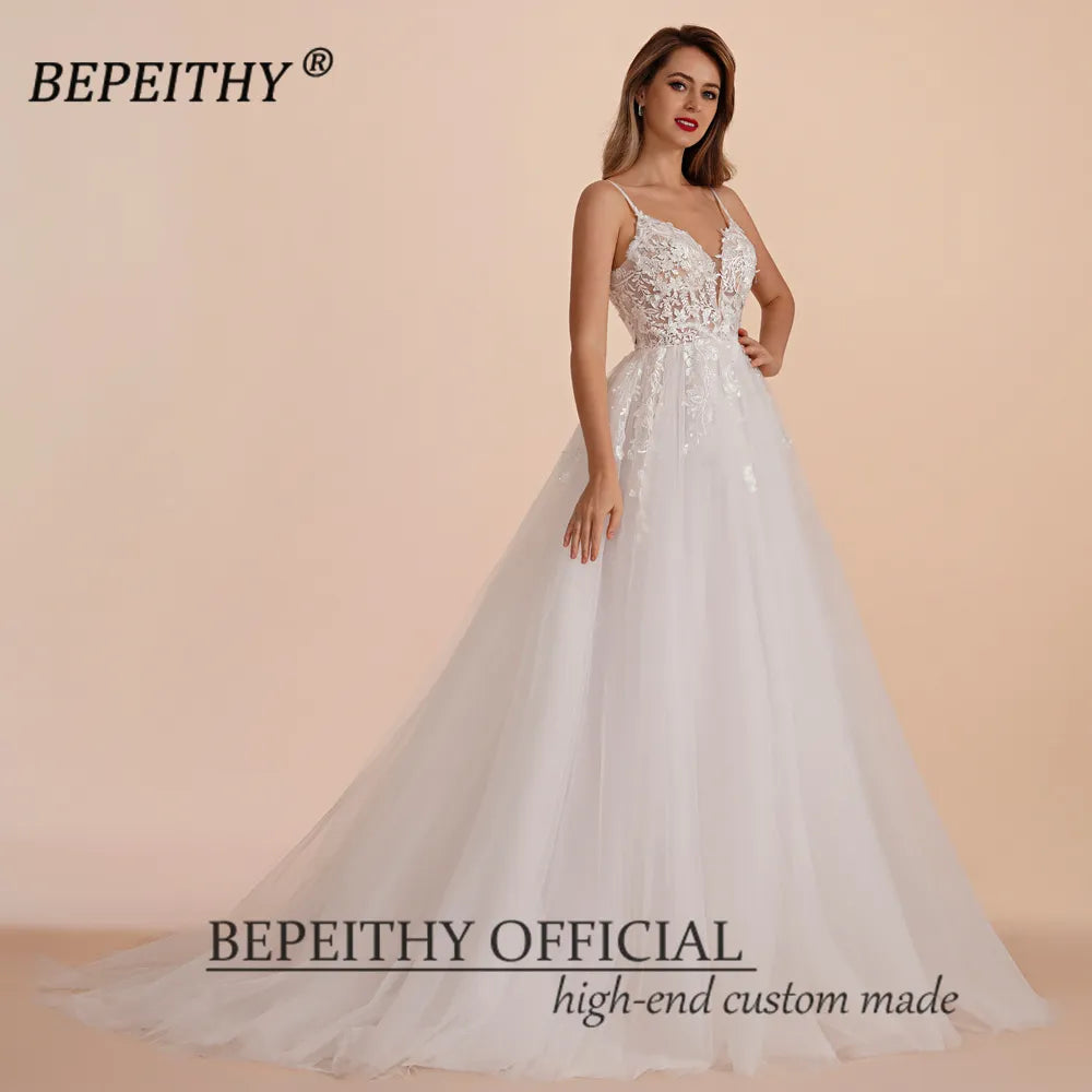 BEPEITHY Boho Ivory A Line Lace Wedding Dresses For Bride Women 2023 Sleeveless Floor Length Sexy Garden White Bridal Gown New