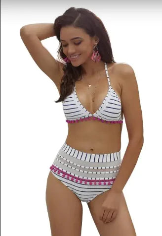 Load image into Gallery viewer, Blue White Striped Pom Pom Bikini
