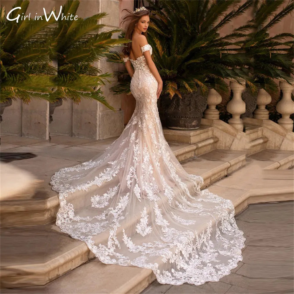 Modern Slim Mermaid Lace Open Back Wedding Gowns for Bride Sweetheart Off Shoulder Sleeve Bride Wedding Dresses Court Train 2022