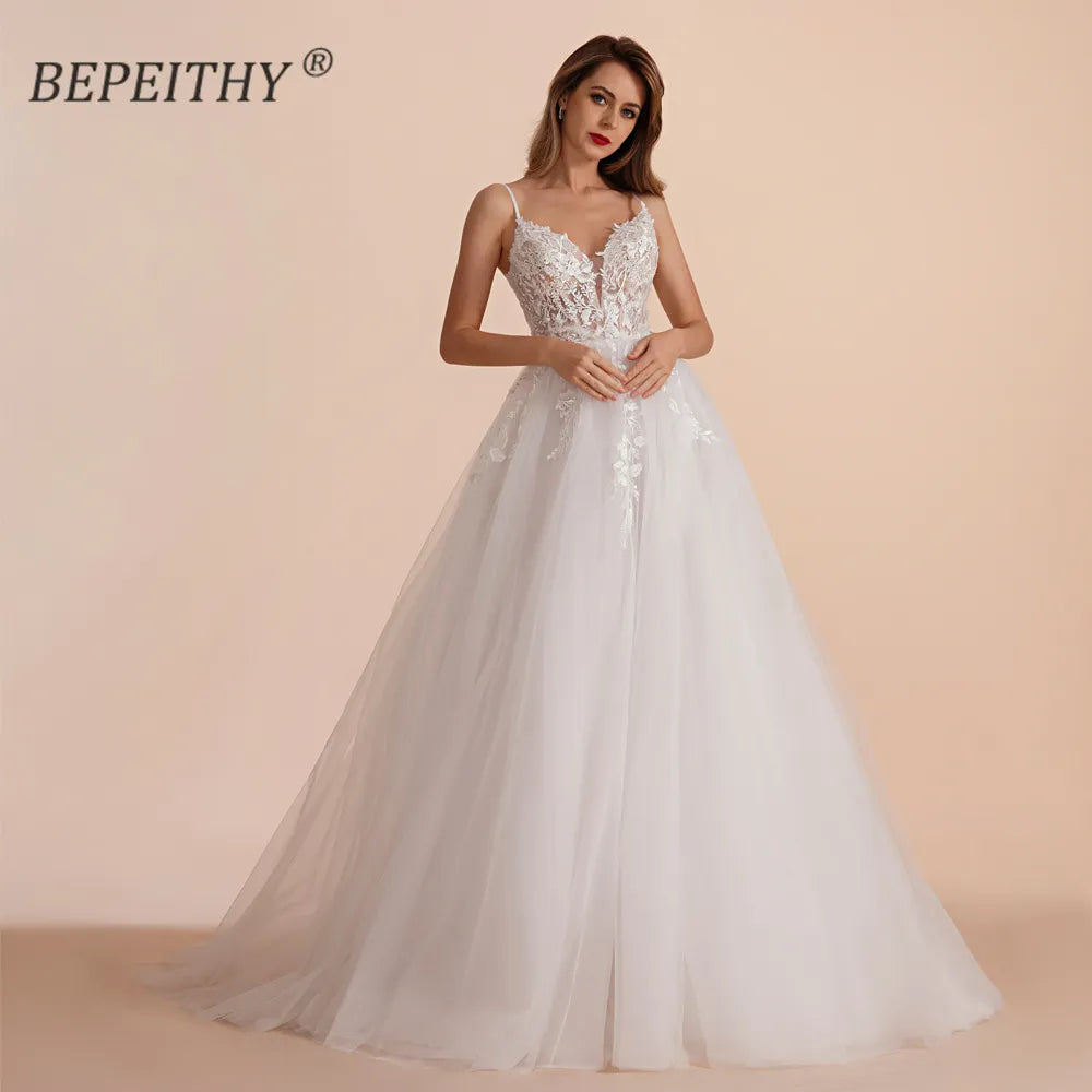 BEPEITHY Boho Ivory A Line Lace Wedding Dresses For Bride Women 2023 Sleeveless Floor Length Sexy Garden White Bridal Gown New